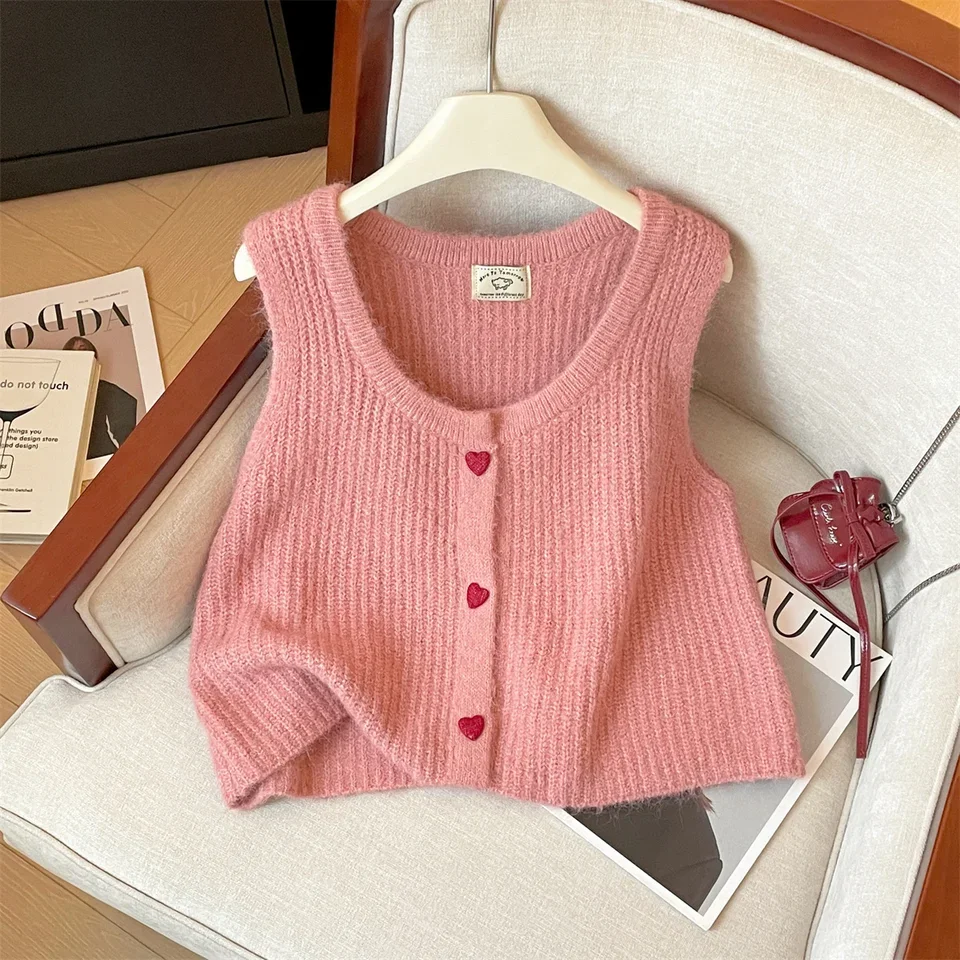 

Korean Sweet Heart Button Sweater Vest Women's Spring Autumn New Soft Sleeveless O-Neck Top Elegant Single Breasted Loose Coat