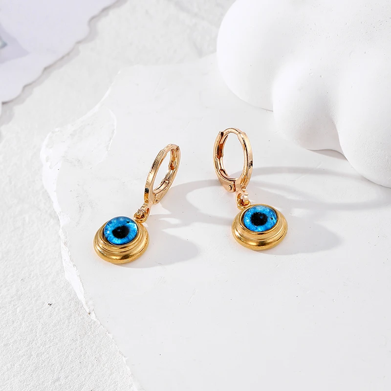 1Pair Stainless Steel Blue Evil Eye Hoop Earrings New Simple Punk Golden Round Turkish Lucky Eye Pendant Circle Earring Jewelry