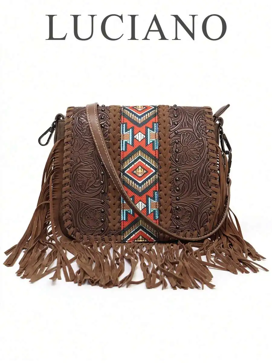 

Кожаная сумка-кроссбоди в стиле бохо с тиснением, бахромой и геометрической лентой