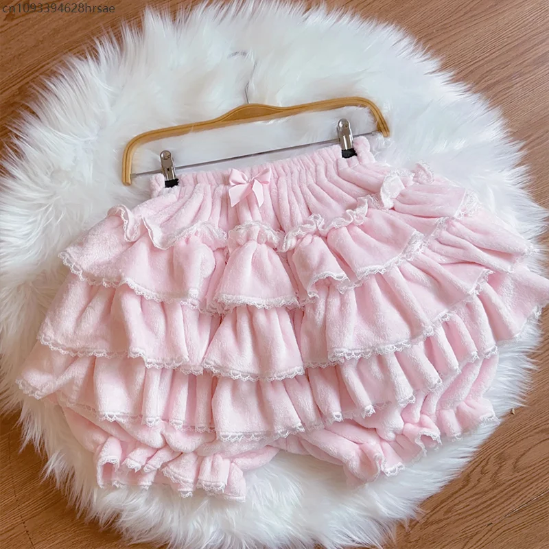 레이어드 프릴 호박 바지 랜턴 반바지 Y2k Sweet Lolita Bloomers 가을 겨울 JK 벨벳 반바지 케이크 스커트 안전 팬티