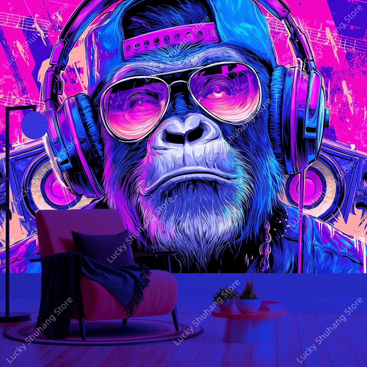 Vibrant Cool Gorilla Retro Headphones Street Art Music Urban Style UV Tapestry Wall Hanging for Bedroom Living Room Office Decor