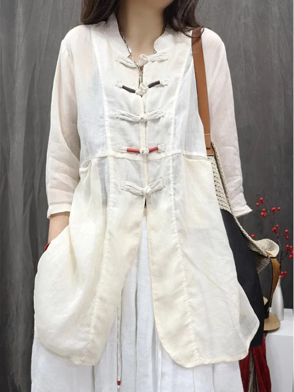 Boho Chic Bluzka damska plus size, średniej długości, zapinana na guziki, ze stójką, luźny krój, letnia, z mieszanki bawełny.