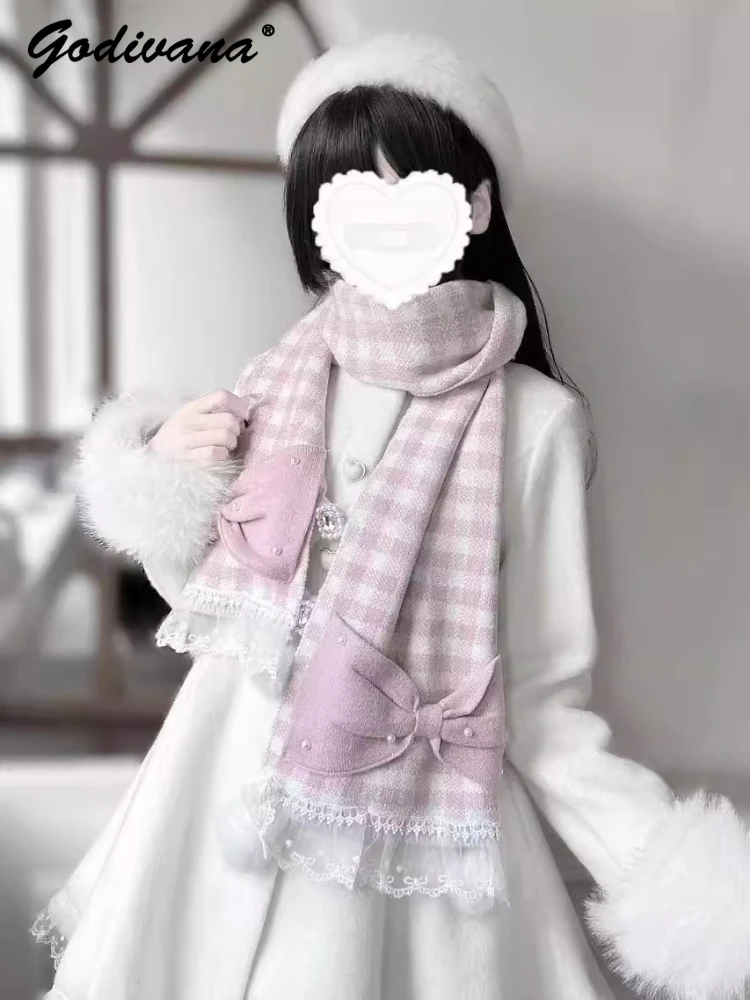 Original Japanese Mass-produced Pearl Bow Hairball Scarf Girls Sweet Lace Knitted Long Scarf Winter Soft Warm Y2K Knit Scarves