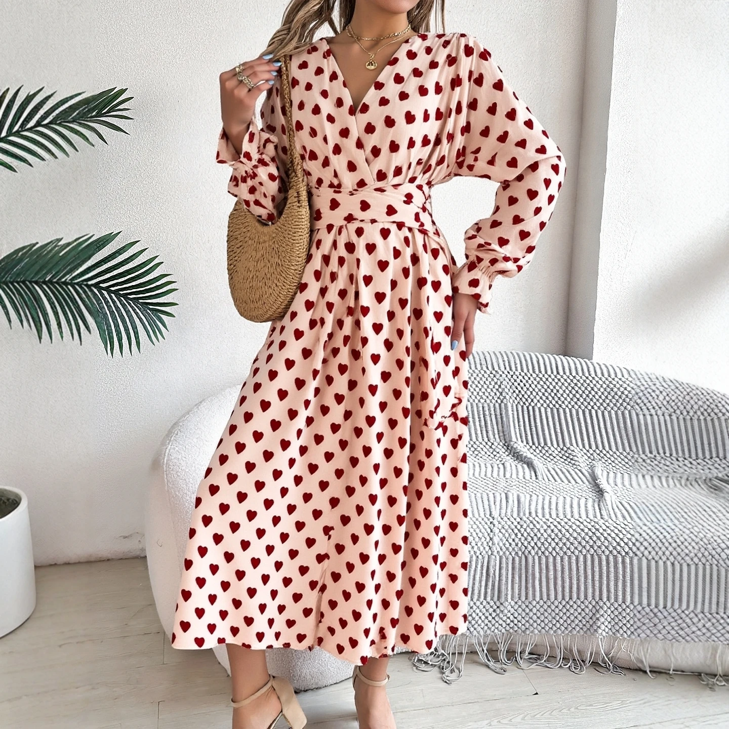 YuooMuoo Chic Mode Hart Print Esthetische Vrouwen Jurk 2026 Nieuwe Collectie Elegante Vintage Sjerp Bandage Lange Feestjurk Vestidos