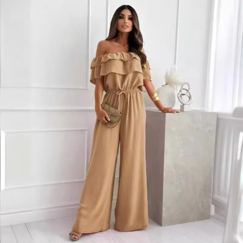 2025 Spring/Summer New Off Shoulder One Piece Collar Waist Loose Wide Leg Solid Color jumpsuit