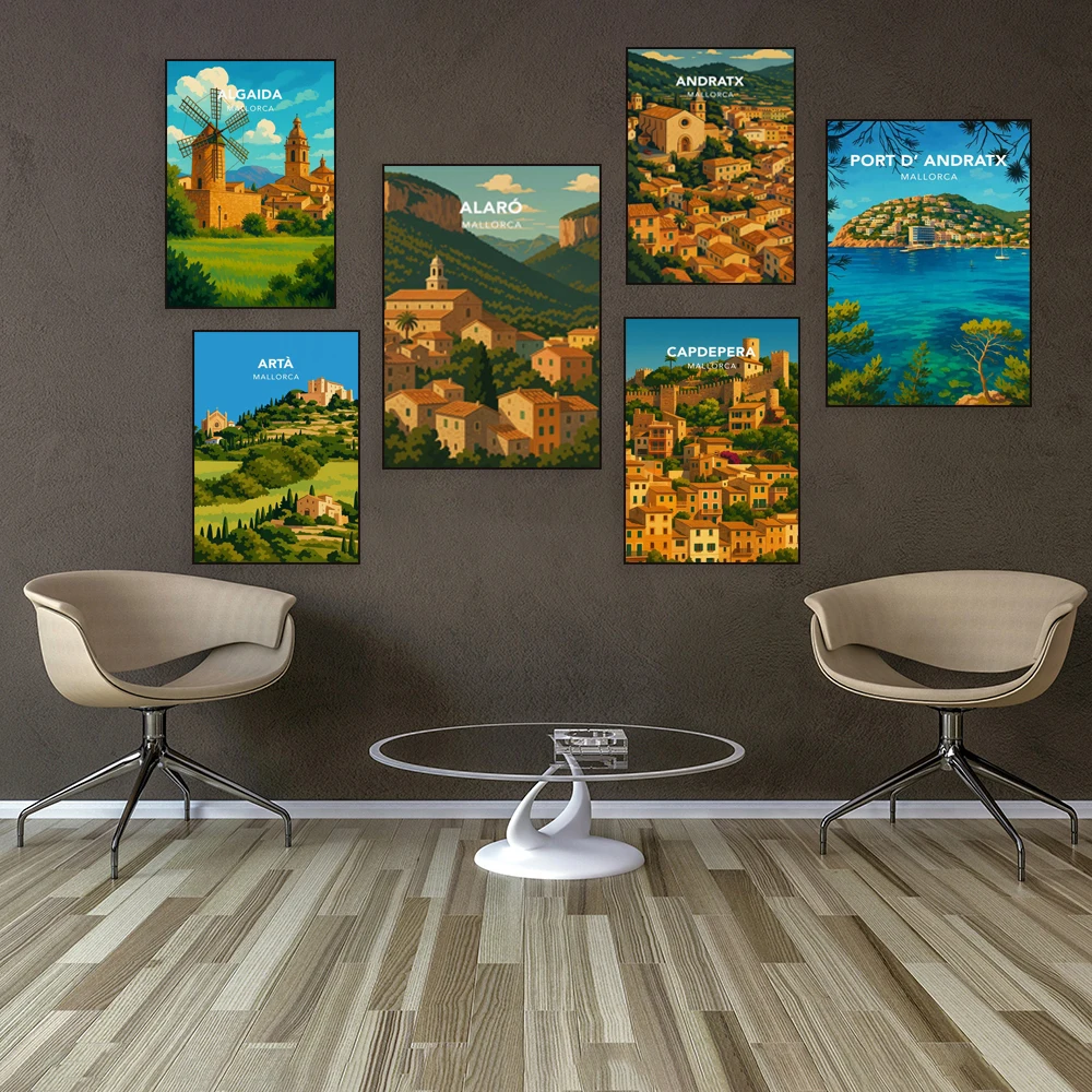 Travel poster of Binissalem, Calvia, Campanet, Alaro, Consel, Algaida, Capdepera, Banyalbufar, Puerto Andrat, Campos, Bunyola