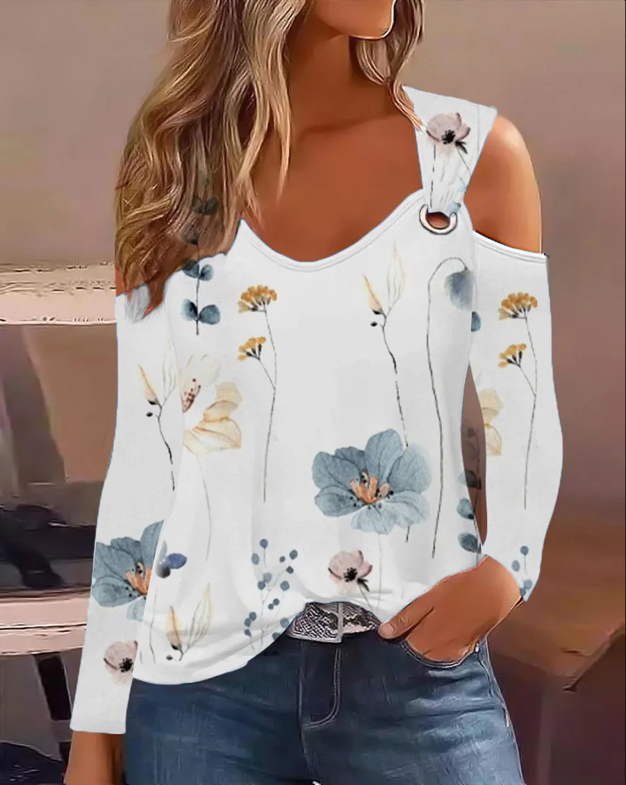 Women Floral Print Cold Shoulder Long Sleeve Top V Neck Metal Ring Detail Casual Loose Fit Blouse