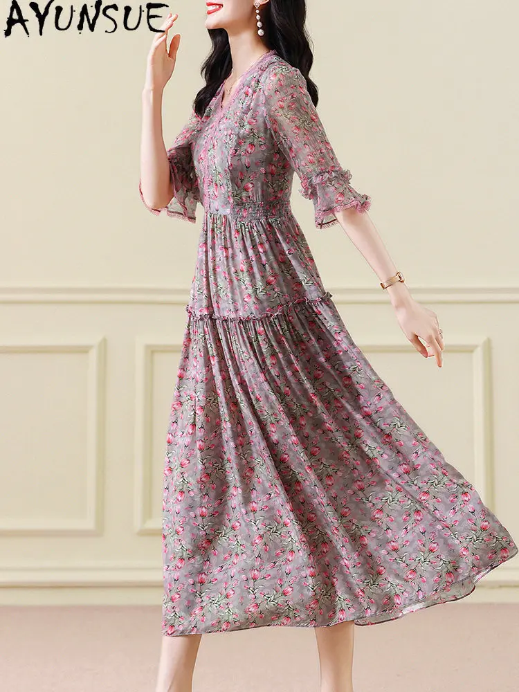 AYUNSUE 100% Natural Mulberry Silk Dress Women High-end Summer Clothes Long Dress Print Elegant Womens Dresses Платье Женское