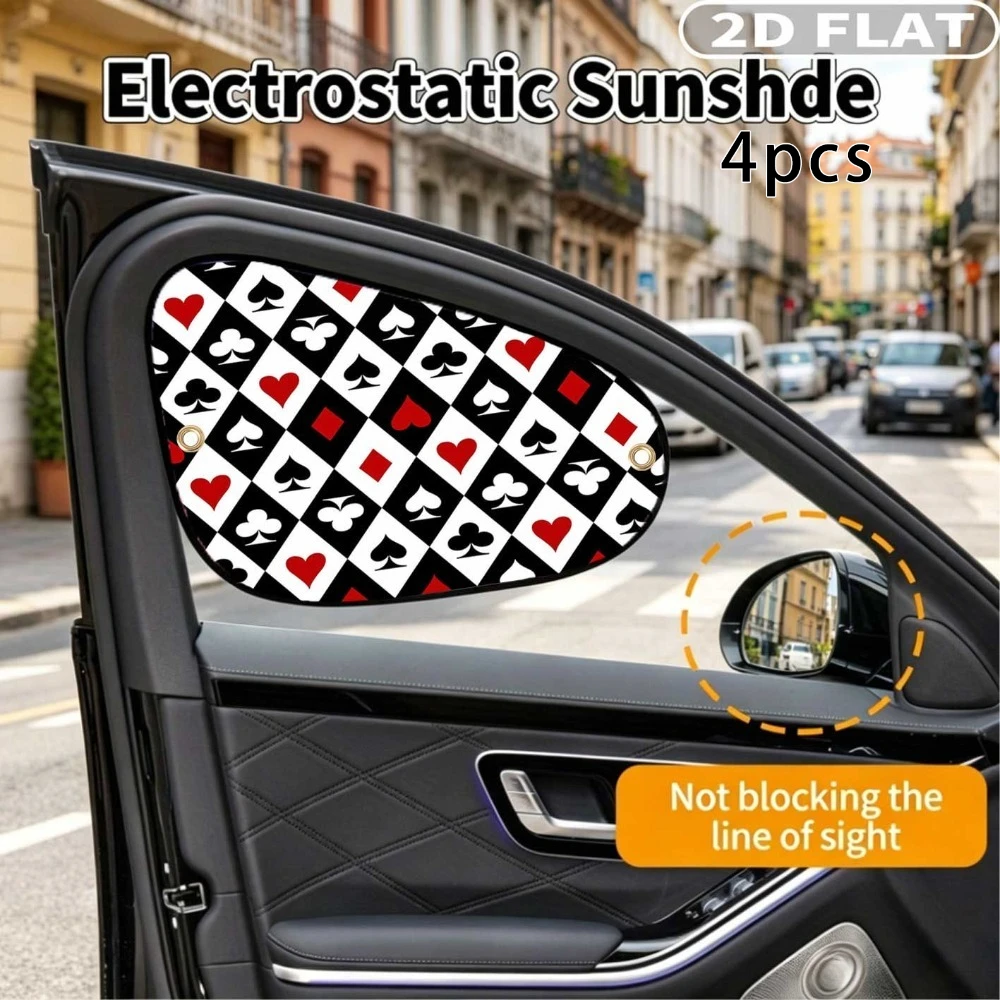 2D FLAT Printing 4pcs Car Side Window Sunshades With 8 Suction Cups, Red Hearts Black Spades Clubs Diamonds Checkerboard Pattern