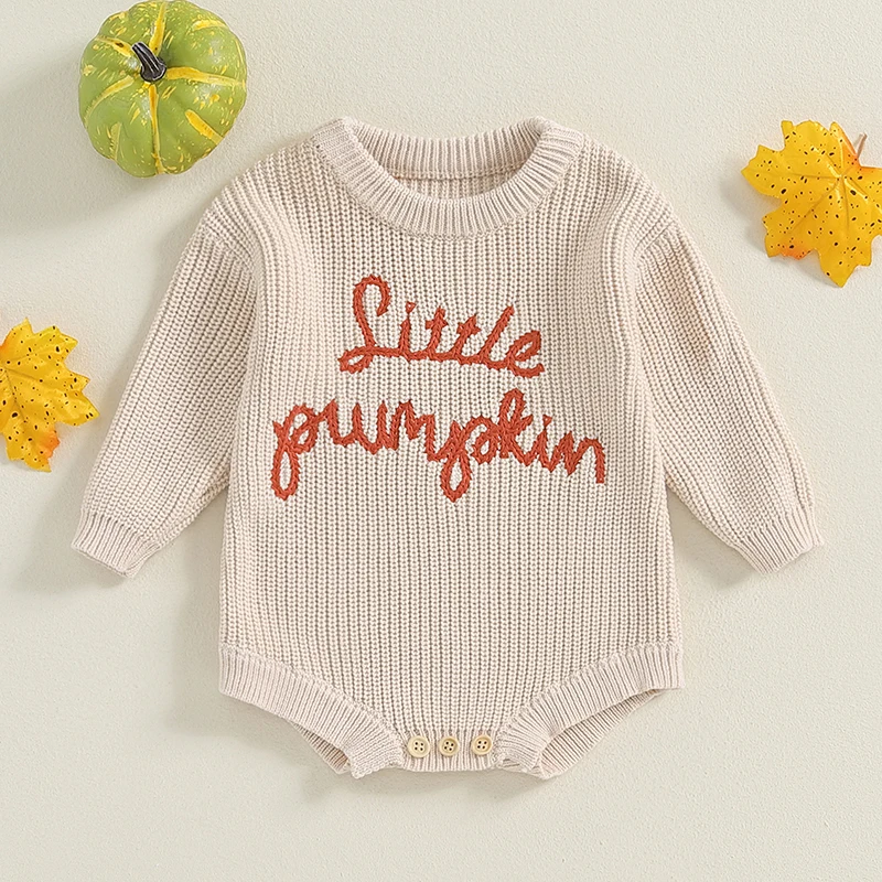 EWODOS Baby Sweater Romper Long Sleeve Round Neck Little Pumpkin Letter Embroidery Knitting Wool Bodysuit Infant Winter Outfit