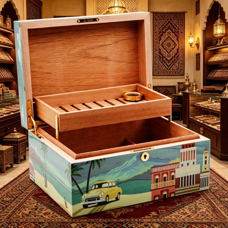 50-80 Capacity Vintage Car Art Wooden Cigar Humidor Digital Hygrometer Display Creative Design Storage Box