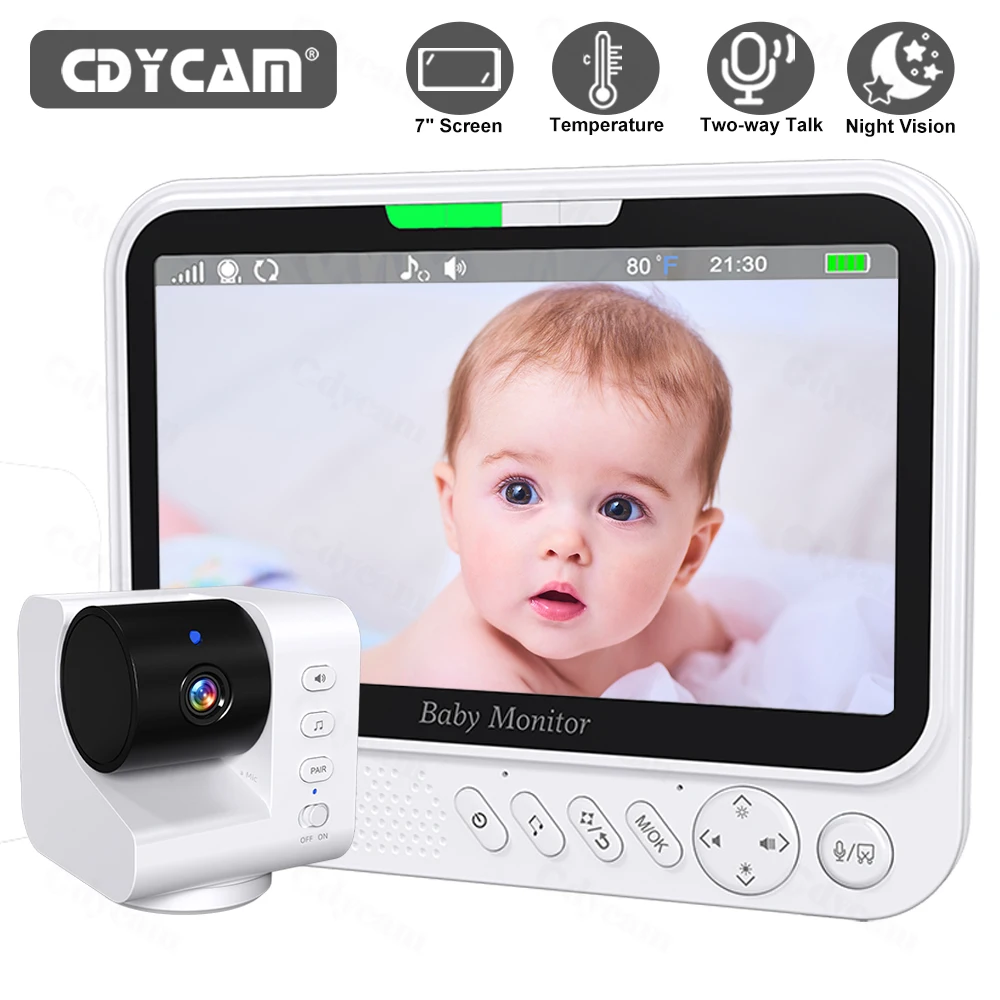 

7" Video Baby Monitor 720P Two Way Audio Night Vision 5000mAh Battery No WiFi No APP Surveillance Cam Big Screen With 4X Zoom