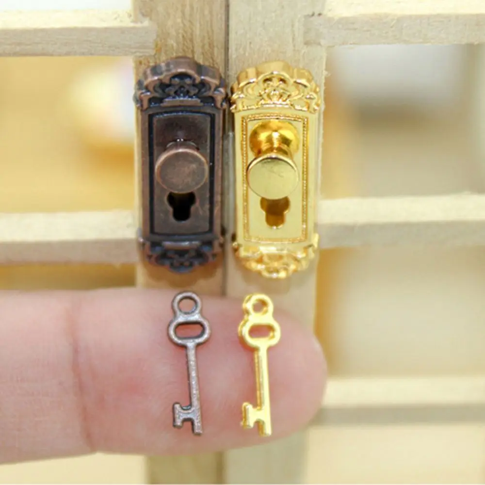 Retro 1/12 Scale Dollhouse Lock Key Set Miniature Door Handles Brass Knobs Mini Furniture Pull Doll House DIY Accessories