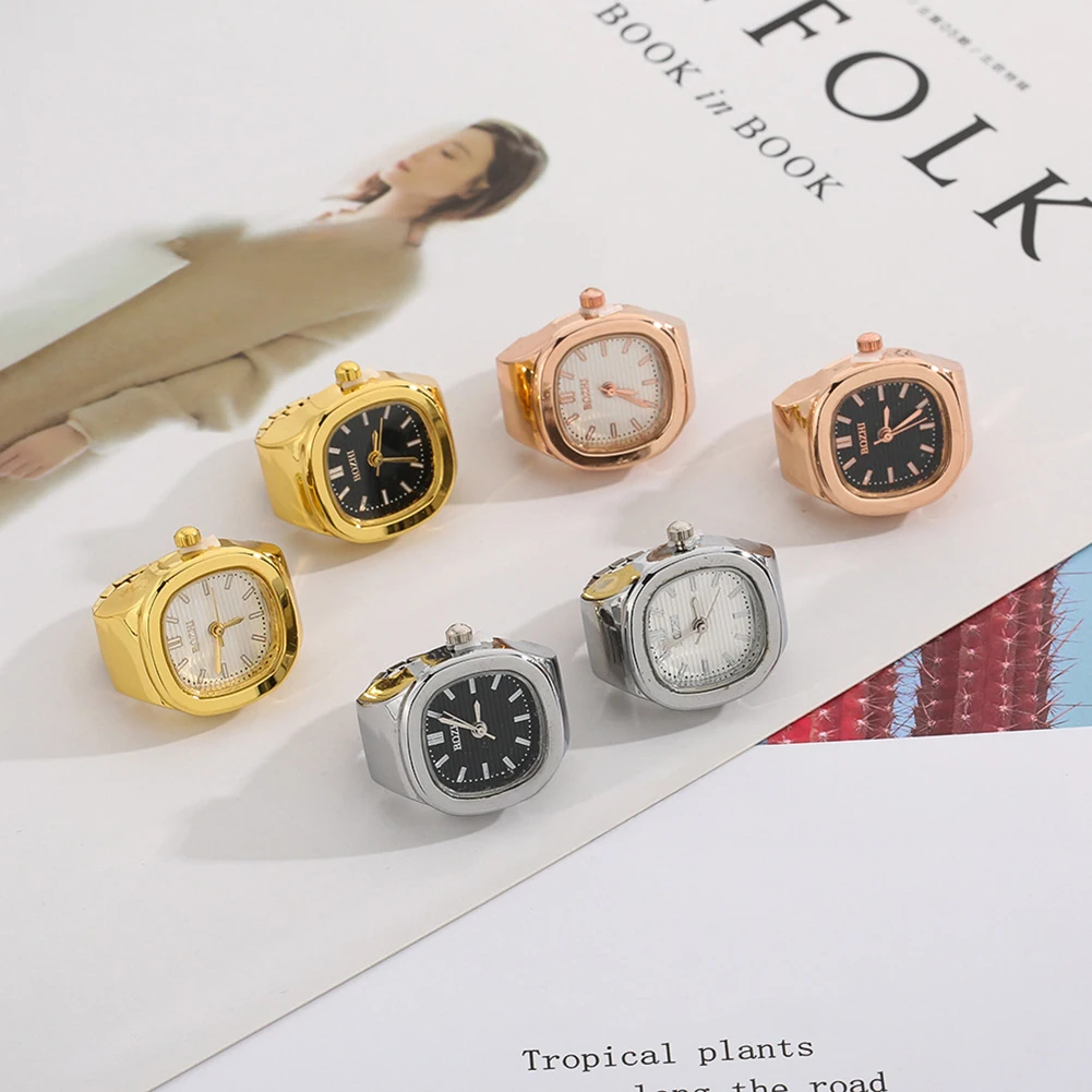 Personalized Punk Square Dial Mini Finger Ring Watch Stainless Steel Alloy Unisex Quartz Finger Jewelry Fashion Accessories Gift