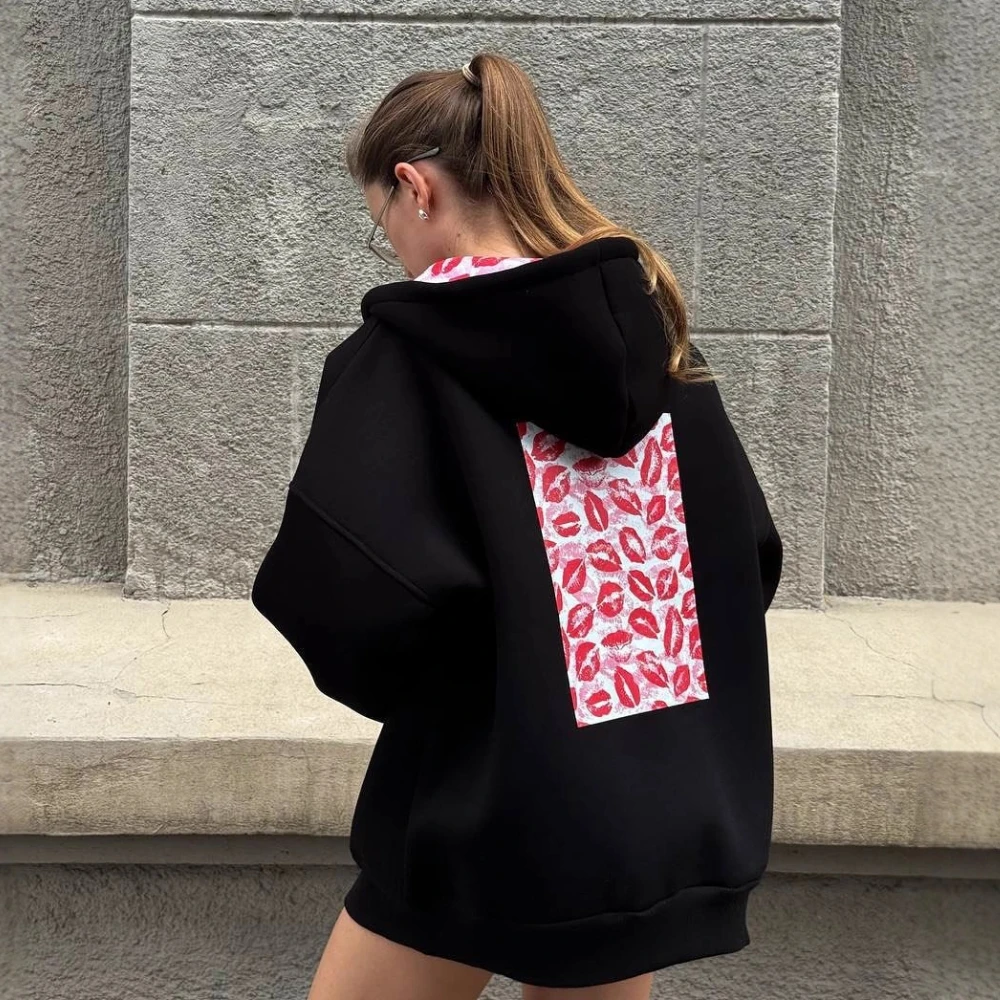 

Yaminiya Oversize Lip Print Hooded Sweatshirt Women's Trendy Brand Autumn/winter Warm Long Sleeved Top Outerwear Zip Up Hoodie