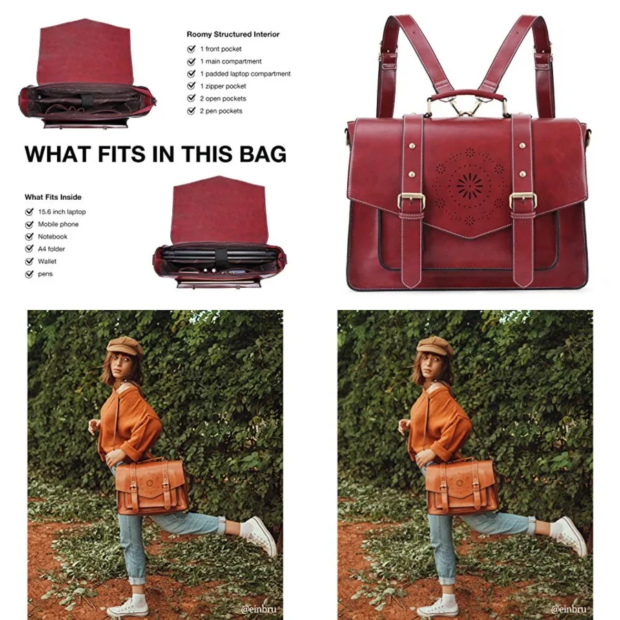 

Backpack for Women Briefcase Messenger Laptop Bag Vegan Leather Satchel Work Bags Fits 15.6 inch Laptops, Red