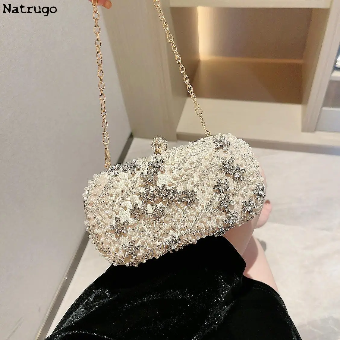 Shiny Handmade Party Bag Dazzling Flower Women Crystal Pearl Clutch Evening Bags Hollow Out Wedding Shoulder Handbag And Purse