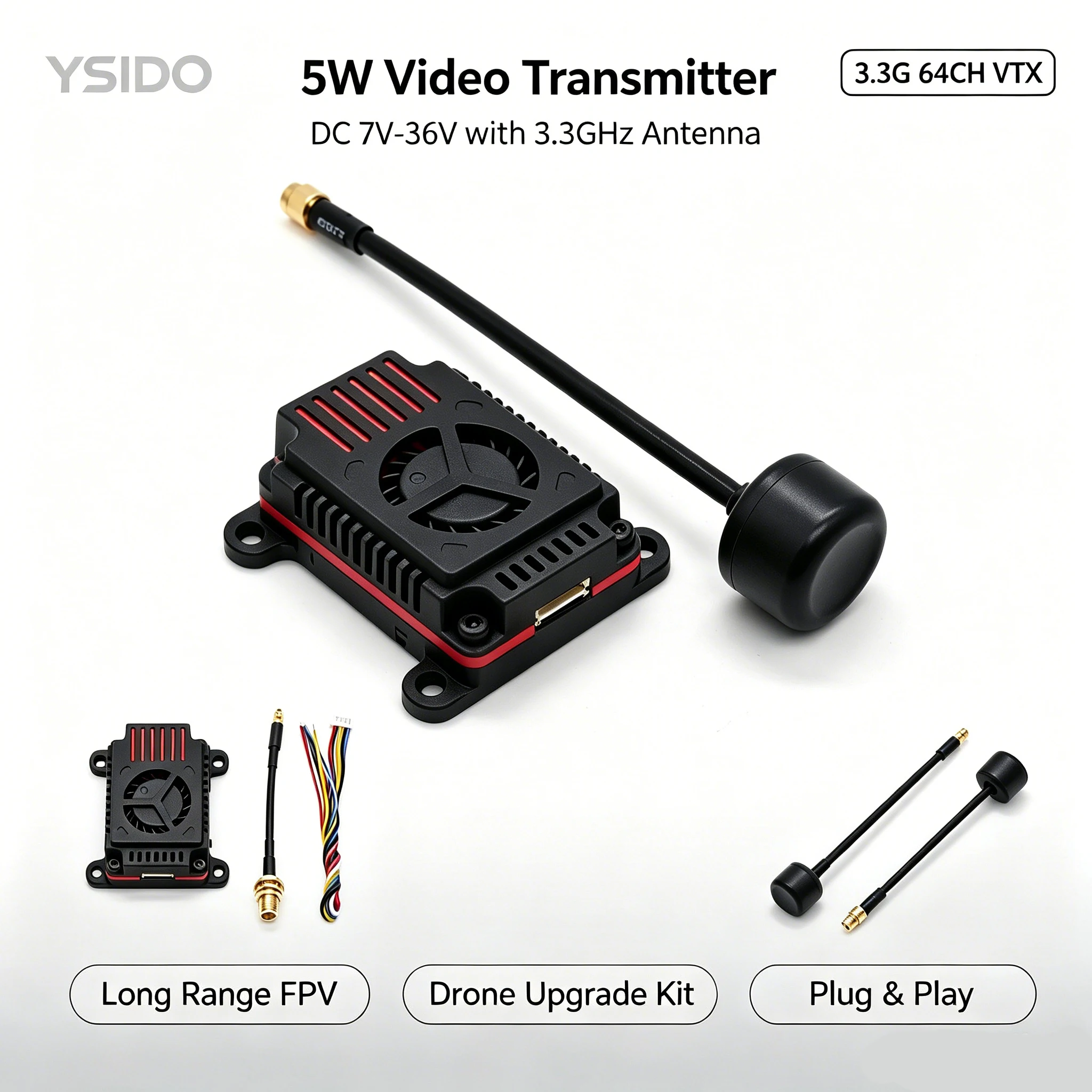 YSIDO  5W 3.3G 64CH VTX Transmitter DC 7V-36V with 3.3GHz Antenna for RC FPV Long Range Drone Upgrade Kit