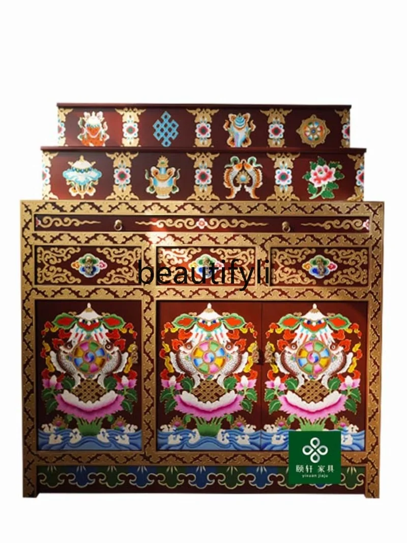 Tibetan tantra solid wood shrine, three-layer shrine color customization, solid wood table