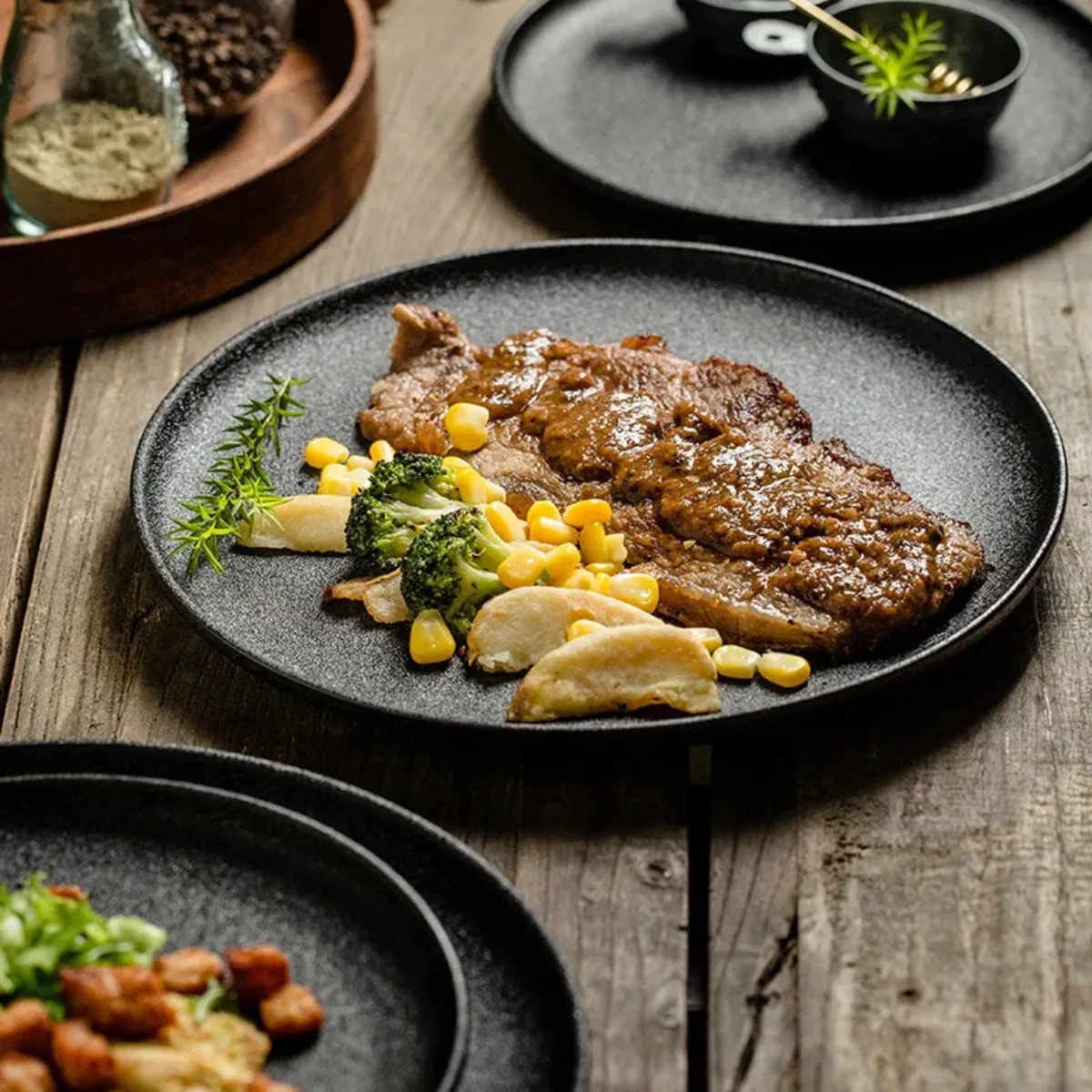 Ceramics Plate Set Home Black Plates Dishes Japanese Style Dinnerware Set Kitchen Decoration Steak Western Food Breakfast Plates