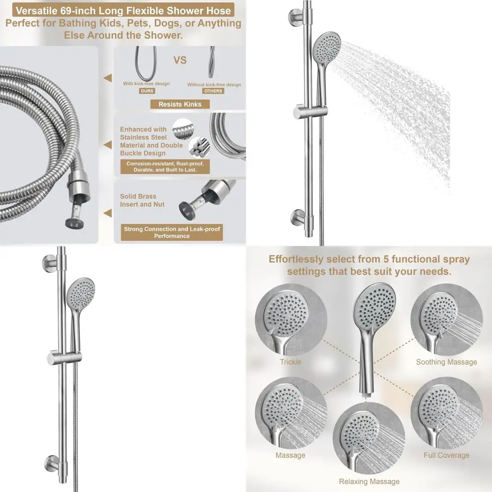 

Adjustable Shower Slide Bar with 5-Function Handheld, Stainless Steel Combo with Extended Hose in Brushed Nickel