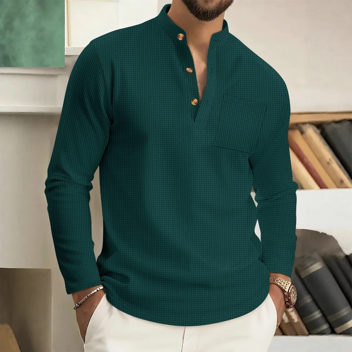Men's Long-Sleeve V-Neck Polo Shirt Spring/Autumn 2025 Casual Breathable Waffle Fabric Solid Color Fashion Sporty Button-Up