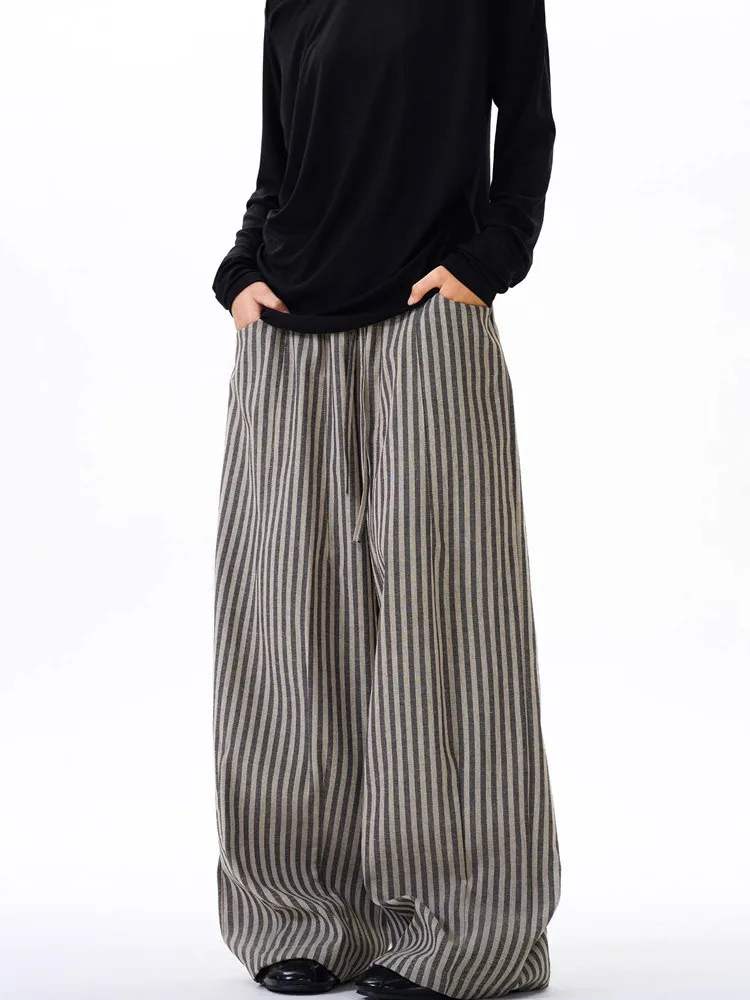 

American Retro Lazy Loose Fit Striped Wide Leg Pants Casual Floor Length Trousers ex Trendy Straight Cut Lightweight