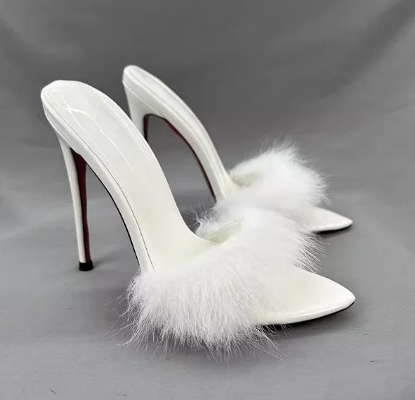 

New 12cm Sexy Hairy One line Dragging Women's Fine Heels, High Heels, Pointed Toes, Fashionable and Versatile Cool Slippers