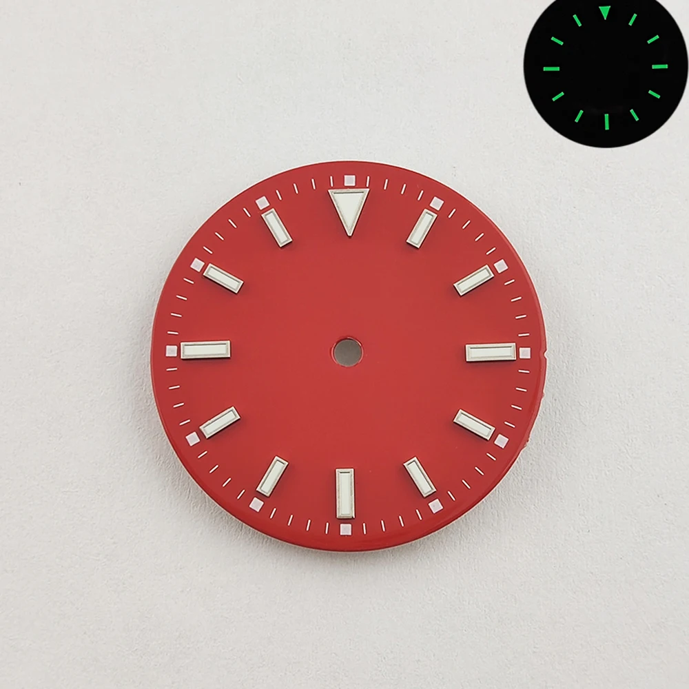 Esfera de reloj nh35 de 28,5mm, esfera de reloj luminosa verde, esfera estéril, logotipo personalizable, piezas de reloj para movimiento NH35/NH36