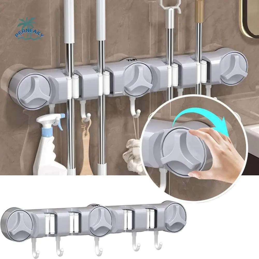 

4 Position Suction Cup Mop Holder 5 Hooks Waterproof Wall-Mounted Mop Clip with Hook Large Load Bearing Bathroom Broom Hanger