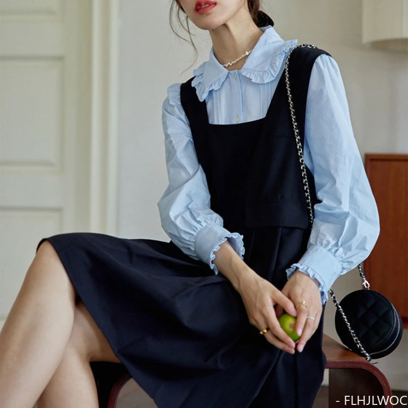 Ruffles Cute Cotton Peter Pan Collar Tops Blouses New Design 2023 Summer Women Chic Korea Casual Japan Girls Basic Blue Shirts