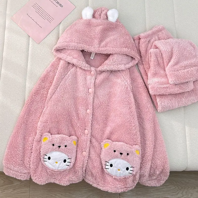 

Kawaii Sanrio Hello Kitty Anime Women Pajamas Cartoon Cinnamoroll Plush Hooded Nightgown Autumn Winter Thickened Warm Homewear