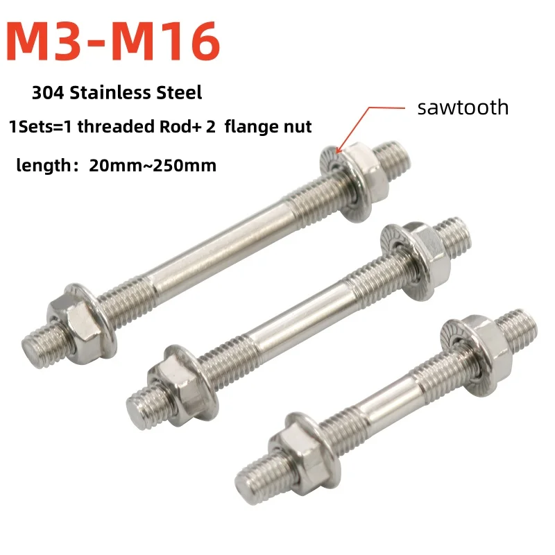 M3~M16 304 Stainless Steel Double End Thread Rod Double End Bolts Tooth Stick Dual Head Thread Bar & Serrated Flange Nuts Set