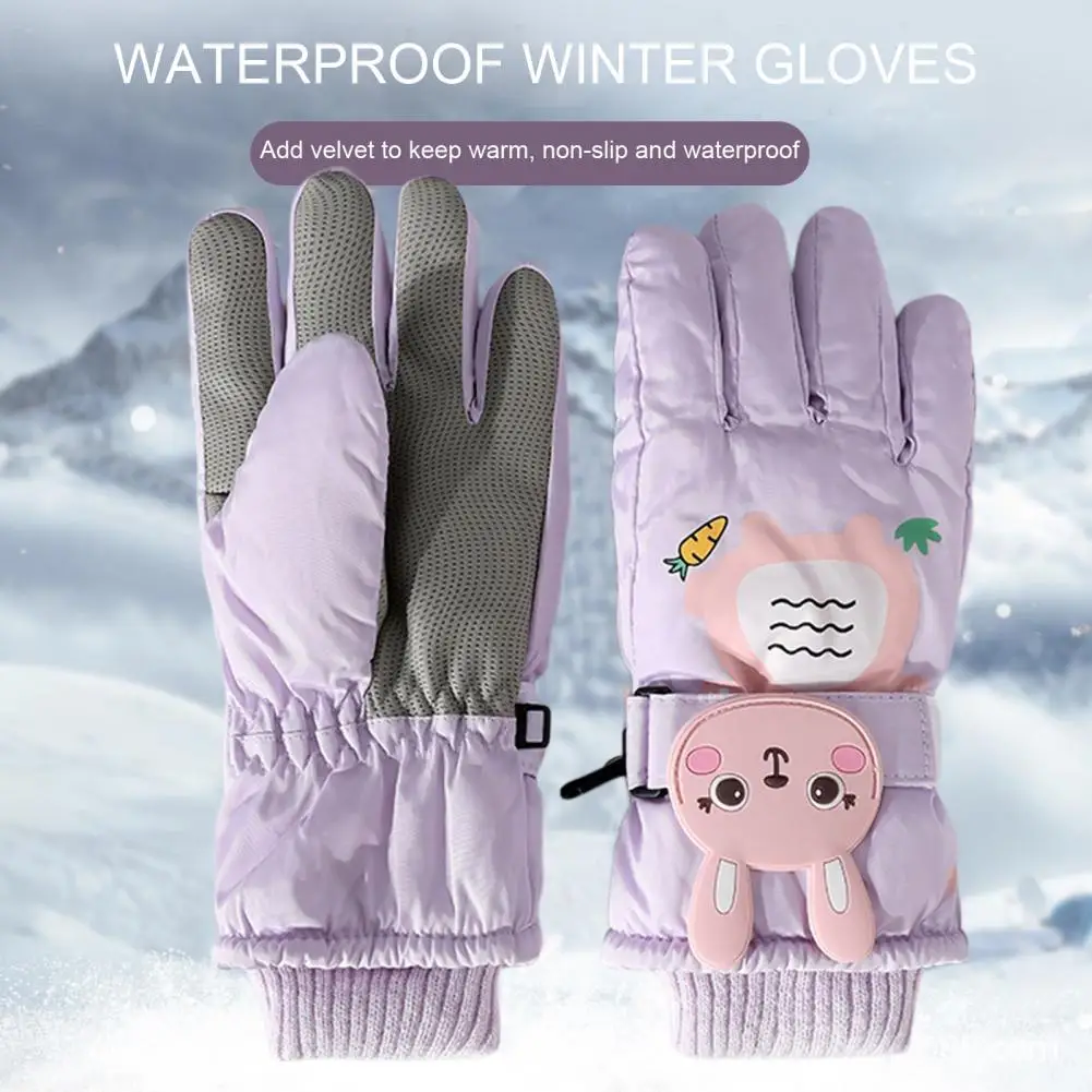 1 Paar Winter Ski Handschoenen Met Verstelbare Sluiting Tape Cartoon Konijn Design Fleece Voering Dikke Warme Kinderen Handschoenen