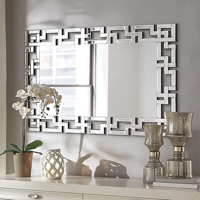 For European Living Room Wall Art Wooden Decorative Mirror Large Luxury Entrance Console Wall Hanging Square Wall Mirror