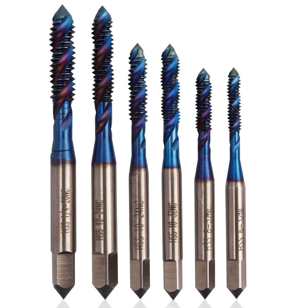 6pcs High Speed Steel Screw Thread Tap Blue Coated Titanium Coated Machine Tap Bit SAE Tap Spiral Flute Spiral Flute Tap Set