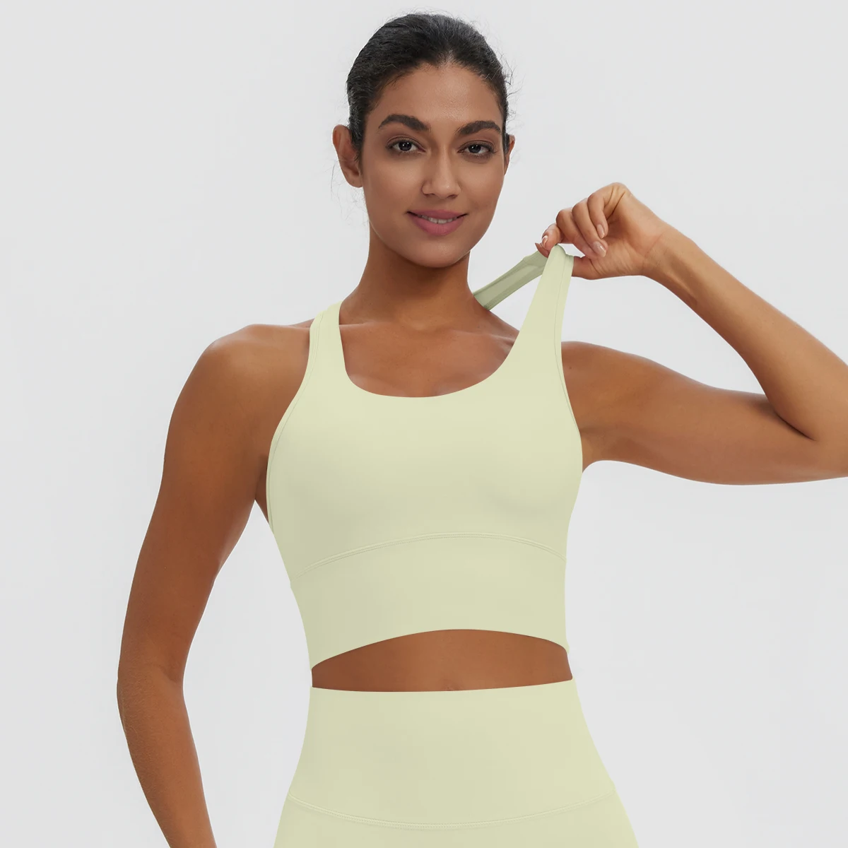Rooftrellen Damen Einfarbige Yoga-Weste mit Raffung, schönem Rücken, I-förmigem Design, Yoga-Top mit Brustpolster, stoßfestes Workout-Top – Detail 34
