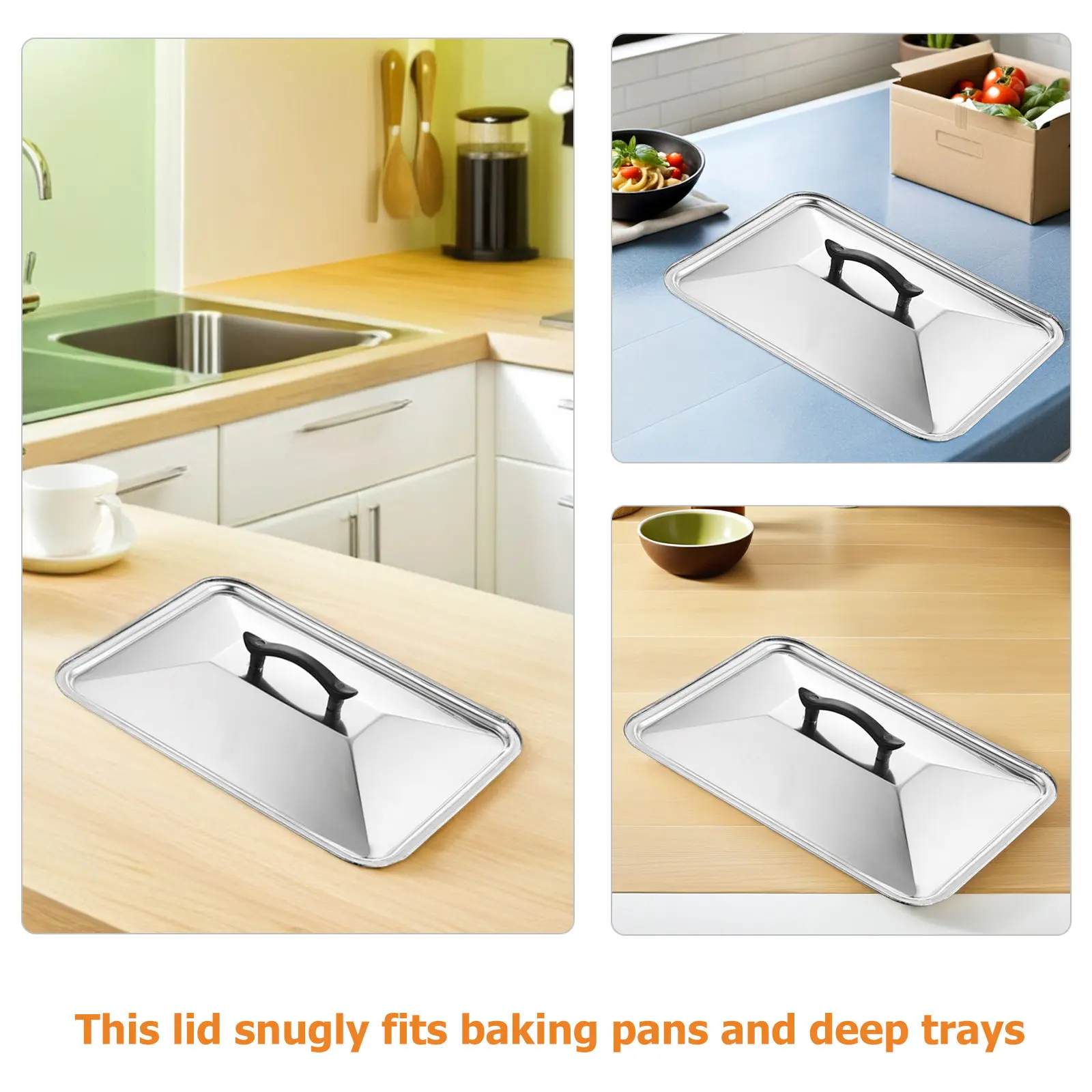 Stainless Steel Rectangular Baking Pan Lid Splash-Proof Spill-Prevention Cover for Deep Trays Oven Steaming Frying 40x30x4cm
