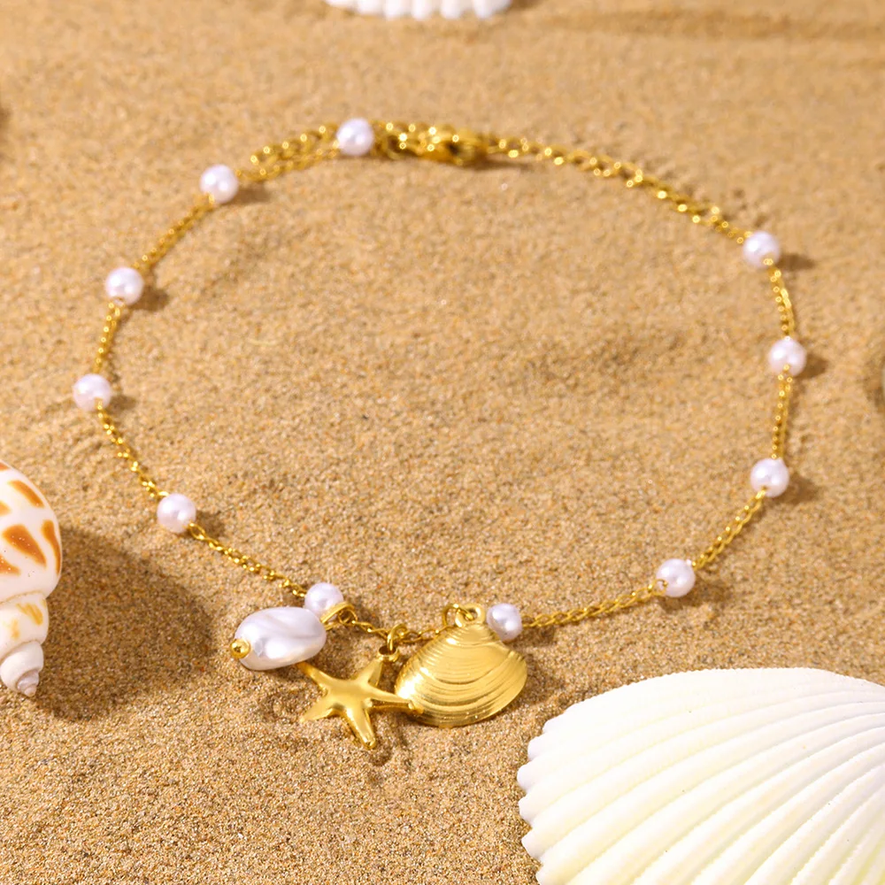 20+5cm Anklets for Women Stainless Steel Shell Starfish Imitation Pearl Leg Bracelets Gold Color Beach Summer Bodychain Jewelry