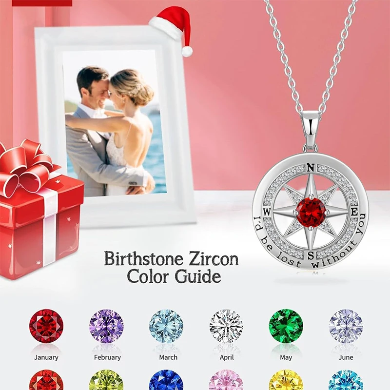 

Personalized Compass Month Birthstone Necklaces with Zircon Customized for Women Christmas Valentine's Day Birthday Gifts