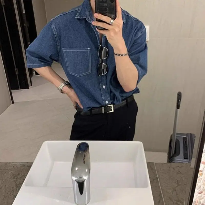 Korea Summer Men'S Women Denim Short-Sleeved Pocket Shirt Leisure Button-Down Korean Popular Streetwear Stylish