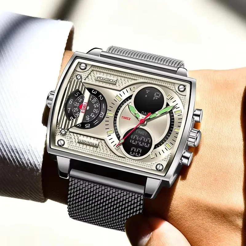 Orologi da uomo quadrati di moda FOXBOX Orologio da uomo di lusso delle migliori marche Orologio sportivo casual impermeabile con doppio display Relogios Masculino + scatola