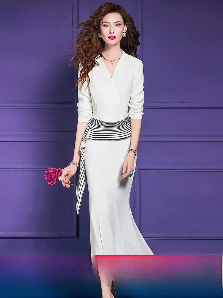 

Fashionable Striped Suit Set Women's Autumn Fish Tail Bodycon Skirt Matching Blouse High End Sensation Two Piece Set for Adults