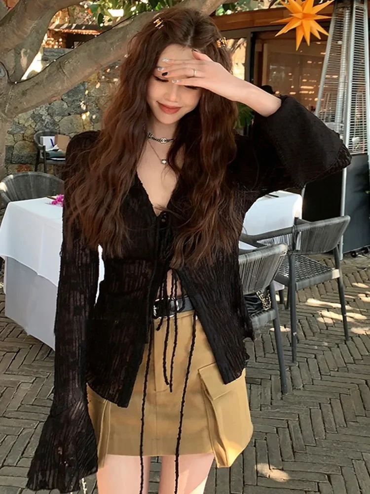 Gothic Lace Shirt Vintage Blouse Women Y2k Black Tops Lcae Up Fairycore Shirt Flare Sleeve See-through Blusas Female