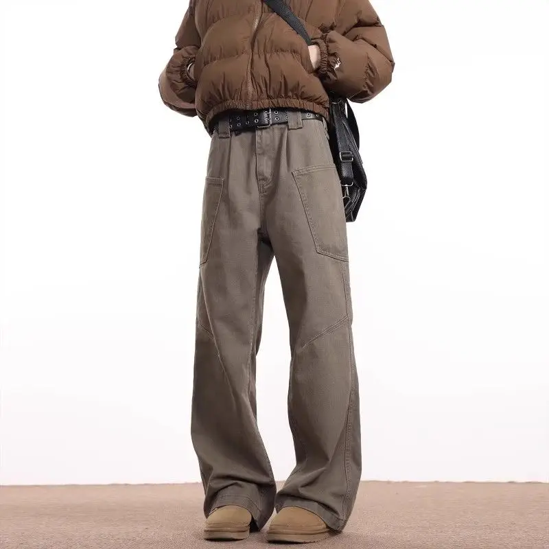 Women Multi Pocket Wide Leg Jeans High Waist Loose Straight Denim Trousers
