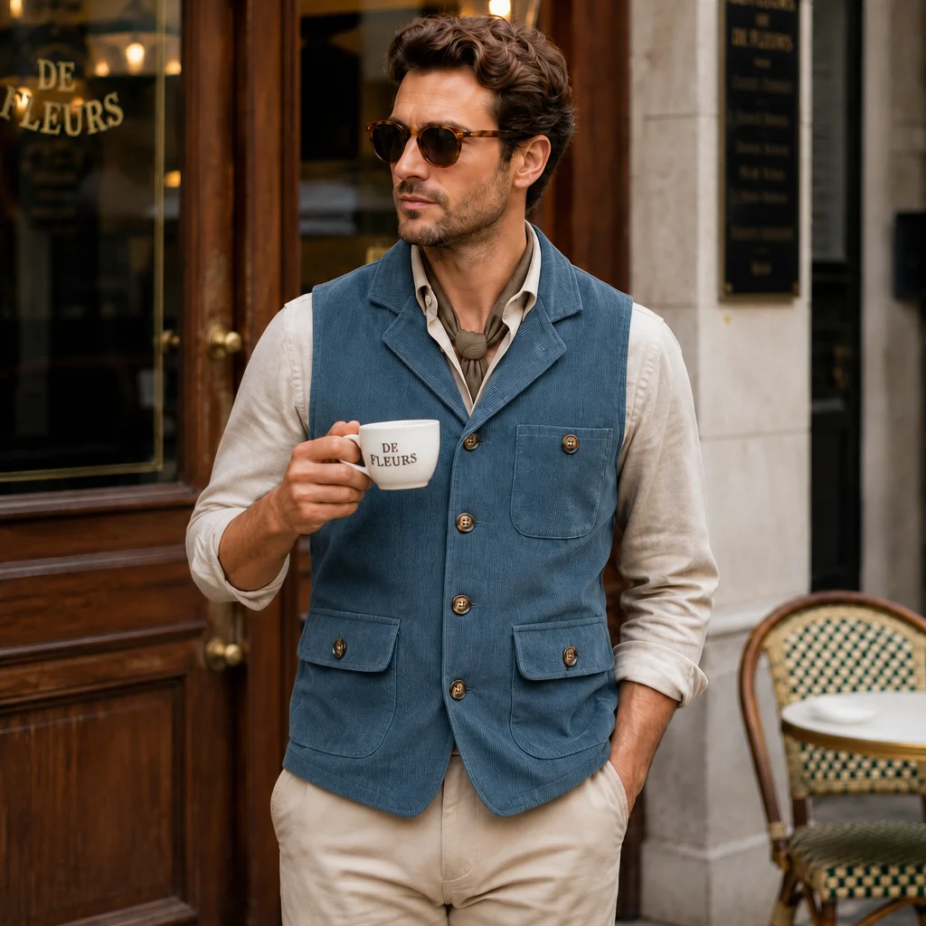 Herren Vintage Cord-Anzugweste mit Revers, Verstellbarem Rückengurt, Ärmellos, Business-Casual-Gilet mit Mehreren Taschen – Detail 16