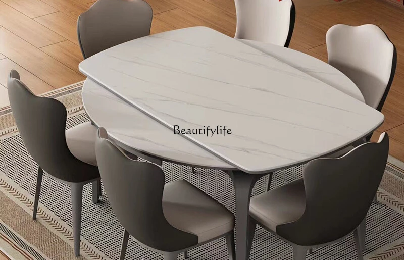 

Small apartment natural microcrystalline stone retractable round table high-end household marble dining table