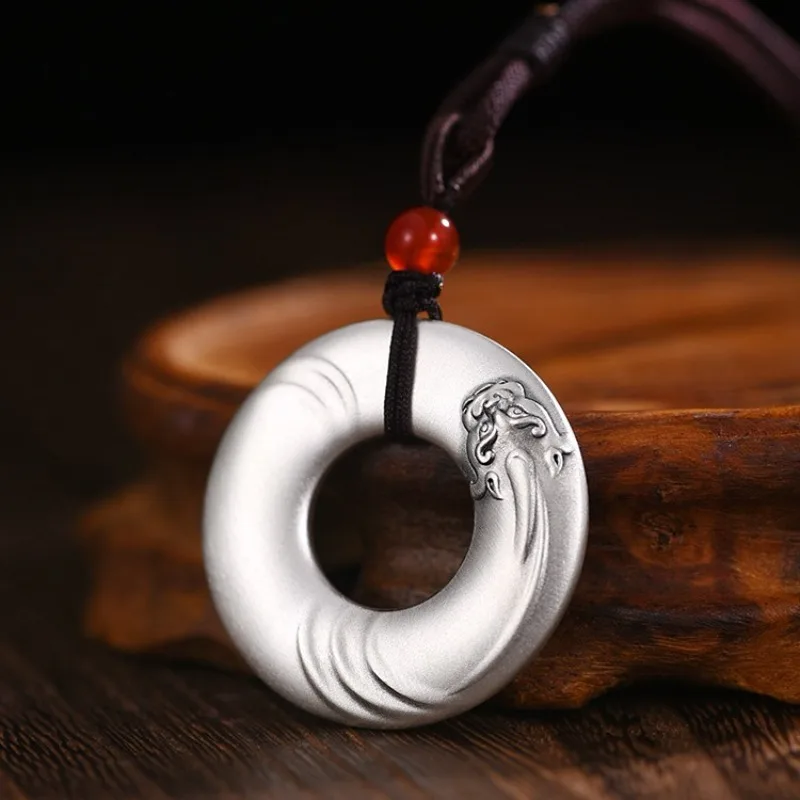 Simple glossy silver 925 Chinese style Divine beast Pixiu circular ring necklaces Retro solid texture pendant banquet jewelry