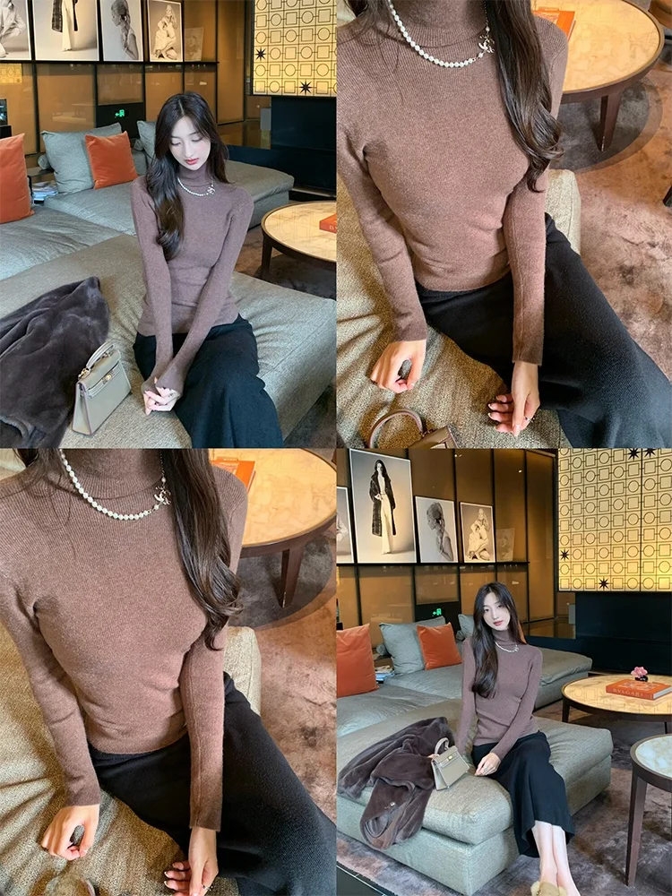 

Universal High Ne Slim Fit Long Sve Knitted Base irt Weight Loss Top Commute Sle Simple Design Regular Sve Length