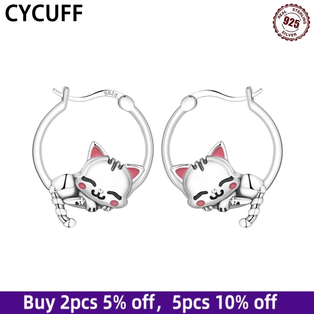 

CYCUFF New 925 Sterling Silver Sleeping Cat Hoop Earrings For Women Girl Earrings Fine Jewelry Fashion DIY Birthday Party Gifts